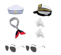 Eowppue déguisement Marin Femme 5 pièces avec Chapeau Capitaine 58cm, Bonnet de Marin 57cm, Foulard Bleu Blanc, Lunettes Noires et Gants pour fête à thème, Cosplay, soirée déguisée