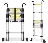 Eoxciiu Échelle Télescopique 3,8m, Échelle Pratique avec Crochets, Aluminium, Réglable à Plusieurs Niveaux, Distance Entre Les Marches 30cm, Échelle Pratique pour Un Usage Domestique