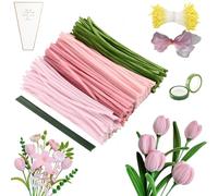 Eozfly Kit de Fleurs en Chenilles à Pipe, 400 Tiges Chenille (4 Couleurs) avec 240 Étamines, 20 Fils Floraux et Rubans Set de Fleurs- pour Bouquets et Décorations DIY (Noël, Halloween, Maison)