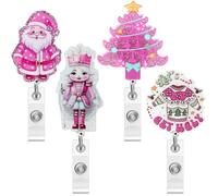 Epakh Lot de 4 bobines de badges de Noël rétractables avec pince crocodile pivotante en acrylique - Porte-badge de vacances rose pailleté - Père Noël, sapin de Noël, soldat, pull de Noël, carte