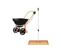 Niveleur de Pelouse & Épandeur Rotatif 100 cm x 32cm (Orange) Engrais Râteau Nivellement Jardin Lute Manche Extensible 1,15-1,9m Prise Facile Capacité 25kg Gravier Sable Housse De Pluie & Gants