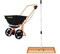 Niveleur de Pelouse & Épandeur Rotatif 100 cm x 32cm (Orange) Engrais Râteau Nivellement Jardin Lute Manche Extensible 1,15-1,9m Prise Facile Capacité 25kg Gravier Sable Housse De Pluie & Gants