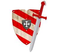 Épée et Bouclier Chevalier en Bois Colorés Faits à la Main - Jouet Garçons, Filles, Enfant - Complément Jeux, Jeux d'Imitation, Déguisement, Médiéval, Guerrier, Soirée à Thème, Moyen-âge (Rouge)
