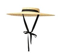 EPERDE Chapeau de paille vintage à large bord pour femme - Chapeau de plage d'été à haut plat - Couronne peu profonde - Chapeau de soleil en osier avec ruban