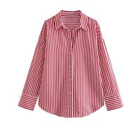EPERDE Chemise Rayée Rouge en Popeline Ample pour Femme - Chemisier Chic Boutonné Manches Longues avec Revers
