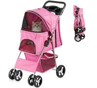 Epetlover Poussette pliable à 4 roues pour animal domestique pour chats de petite et moyenne taille, sac de transport pour voyage, camping, chiot avec panier de rangement et porte-gobelet, rose