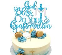 Ephlyn Décoration de gâteau de confirmation « God Bless On You » avec croix pailletée pour première communion, baptême, fête prénatale, fête d'anniversaire, bleu