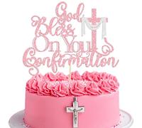 Ephlyn Décoration de gâteau de confirmation « God Bless On You » avec croix pailletée pour première communion, baptême, fête prénatale, fête d'anniversaire, rose