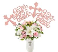 Ephlyn Lot de 12 bâtons de table « God Bless » à paillettes - Décorations de table de première communion pour fête prénatale - Fournitures de fête chrétienne - Or rose