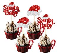 Ephlyn Lot de 24 décorations de cupcakes de Noël à paillettes pour Noël, fête prénatale, révélation du sexe des enfants, garçons et filles, rouge