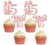 Ephlyn Lot de 24 décorations de cupcakes « Mis 15 » à paillettes « Mis Quince 15 Feliz 15 Años » - Fabuleuses décorations de cupcakes pour Cheers to 15 Happy 15th Birthday - Or rose