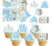 Ephlyn Lot de 54 décorations comestibles pour cupcakes d'anniversaire « Once Upon A Time » en papier gaufrette - Livre de conte de fées - Ouverture de château magique - Pics à cupcakes pour fête de