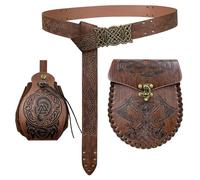 EpicCos 3PCs Sac de Ceinture médiéval en Relief Set, Viking Boucle Ceinture Portable Sac de côté, Accessoires Cosplay en Simili-Cuir (Marron B)