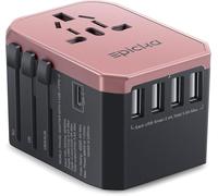 EPICKA Adaptateur Universel de Voyage 28W, avec 1 Port USB-C et 4 Ports USB-A, Prise Internationale pour Allemagne, France, USA, Royaume-Uni, Japon, Thaïlande, Australie, Rose