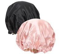 EPIGEIST 2 pièces Bonnet de Sommeil Satin et Filles Bonnet Élastique Ajustable Protège Cheveux et Portable de Nuit Confortable Noir et Rose