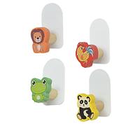 EPIGEIST 4 pièces Lot de Crochets Muraux Adhésifs Bois pour Chambre Garçon Fille Patères Cartoon Animaux Grenouille Panda Lion Coq Installation sans Perçage Ornement Mural Pratique et