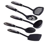 EPIGEIST Set de Ustensiles de Cuisine Nylon Noir avec Manche Acier Inoxydable Spatule Louche Pelle Cuillère et Écumoire Résistant Chaleur Antiadhésif pour Cuisson et Service