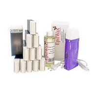 EpilWax - Kit Chauffe Cire Épilation Professionnelle avec 12 x Recharges Roll on Cire à l’Azulène, 100 x Bandes d'Épilation et Huile après Épilation - Gamme Royal