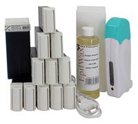 EpilWax - Kit Chauffe Cire Épilation Professionnelle avec 12 x Recharges Roll on Cire à l’Azulène, 100 x Bandes d'Épilation et Huile après Épilation - Gamme Solo