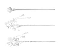 Épingle à Cheveux Chinoise Ancienne 3 Pièces Résine Métal | Pompons Pendants, Factice et Pétales Texturés, Style Vintage Classique pour Mariage et Scène