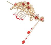 Épingle à Cheveux Chinoise Vintage 2 Pièces, Rouge et Or | Alliage et Perles, Décor Fleurs et Pompons, pour Coiffures Relevées, Voyage, Scène et Cosplay