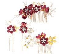Épingle à Cheveux Fleurie pour Mariée, Alliage de Zinc, Rouge | 1 Set Élégant, Ornement Floral Scintillant, pour Chignons, Coiffures Relevées, Séances Photo et Robe Formelle