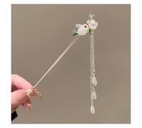 Épingle à cheveux lapin chinois avec pompon en perles for fille, bâton à cheveux élégant en métal, fleur Hanfu, pince à cheveux, couvre-chef(Colour A)