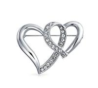 Épingle De Mariage Romantique En Cristal Clair Brillant Pour La Mode Nuptiale - Grande Déclaration - Épingle Pour Femme En Forme De Cœur Doublement Imbriqué - Plaqué Argent