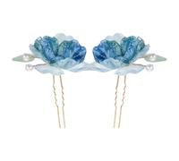 Épingles à Cheveux Bleues Fleur Noël, U-forme 2pcs Style Chinois | Métal et Tissu, Décor Fleur, Maintien Sûr en Chignon, pour Mariée et Demoiselles D’honneur