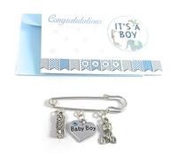 Épingles à couches pour bébé garçon avec pochette cadeau en organza et carte cadeau - Ours en peluche et bloc de lettres, Small, Strass