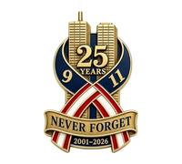 Épinglette commémorative du 25e anniversaire du 11 septembre, représentant les tours jumelles (rouge, blanc, bleu), à porter sur vestes, chemises et autres vêtements.