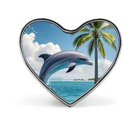 Épinglette personnalisée en alliage d'aluminium avec motif dauphins et palmiers en forme de cœur - Mini broche classique pour sac à dos, chapeau, costume, veste