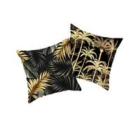 Epinki Lot de 2 Housse de Coussin Canape 50x50, Housse de Coussins Feuille de Palmier Cocotier Taie d'oreiller en Polyester, Or Noir