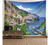 Epinki Tapisserie Aestetic Village au Bord de la Mer, Tenture Murale Bleu Vert Marron, 240x220cm, Polyester, Deco Chambre