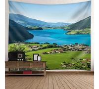 Epinki Tapisserie Decor Village Lac et Paysage de Montagne, Tenture Murale Bleu Vert, 200x200cm, Polyester, Décoration de Chambre