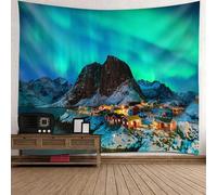 Epinki Tapisserie Decorative Montagne et Village d'aurora, Tenture Murale Vert Bleu Gris, 240x220 cm, Polyester, Décoration Salon