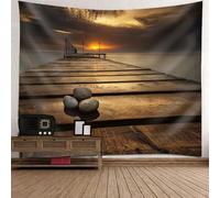 Epinki Tapisserie Murale Chambre Modèle de Pont en Pierre de Mer et en Bois, Tenture Murale Marron Gris, 300x256 cm, Polyester, Décoration Salon