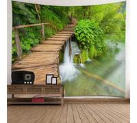 Epinki Tapisserie Murale Salon Modèle d'arbre de Lac de Pont en Bois, Tenture Murale Vert Brun, 240x220 cm, Polyester, Déco