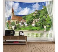 Epinki Tapisseries Balcon de Campagne et Village, Tenture Murale Vert, 300x256cm, Polyester, Déco