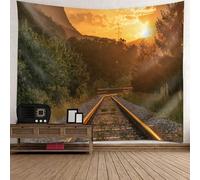 Epinki Tapisseries Chemin de Fer et Motif d'arbre au Coucher du Soleil, Tenture Murale Orange Marron Vert, 300x256 cm, Polyester, Deco Salon