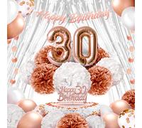 EPIQUEONE Bannière Joyeux Anniversaire, Guirlande De Pompon, Ballons En Latex, Ballons De Confettis, Pom De Papier De Soie|30E Anniversaire En Or Rose