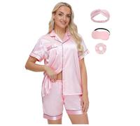 EPLAZA Pyjama en Satin Soyeux avec Masque pour Les Yeux Bandeau pour Les Cheveux Attache pour Les Cheveux Manches Courtes Bouton vers Le Bas Sleepwear Loungewear Leisure Pjs (Rose, S)