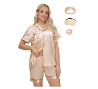 EPLAZA Pyjama en Satin Soyeux avec Masque pour Les Yeux Bandeau pour Les Cheveux Attache pour Les Cheveux Manches Courtes Bouton vers Le Bas Sleepwear Loungewear Leisure Pjs (Champagne, M)