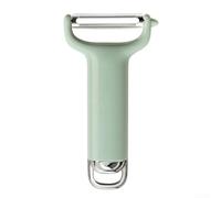 Éplucheur à légumes en acier inoxydable avec manche en bois - Éplucheur ultra tranchant pour pommes de terre et fruits - Ustensile de cuisine 2 en 1 avec décapsuleur - Ergonomique & - 15 cm vert beige