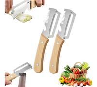 Éplucheur De Légumes 2-en-1 Avec Manche En Bois, 2Pièces Couteau Éplucheur Multifonction En Acier Inoxydable Avec Ouvre-Bouteille, Antidérapant Épluchage Sans Effort Des Pommes De Terre, Pommes