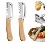 Éplucheur de Légumes Multifonction - Eplucheur Polyvalent avec Manche en Bois Massif Anti-Accrochage, Lame en Acier Inoxydable pour Fruits, avec Décapsuleur et Coupe-Oignon, 2026 Nouveau (2pcs)