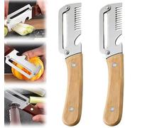 Éplucheur Légumes Multifonction 3 en 1, Acier Inoxydable avec Manche en Bois Ergonomique, Lame Tranchante, Décapsuleur, Écailleur à Poisson et Coupe-Oignon (2, Bois)