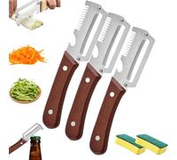Eplucheur Multifonction,Couteau d'Office Dentelé Et Économe Haut De Gamme 2-En-1,En Acier Inoxydable Avec Manche En Bois,Idéal Pour Fruits, Légumes,Poissons Et Bouteilles (3*A)