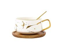 Eplze YBK Tech Ensemble tasse à thé en porcelaine pour thé de l'après-midi - Motif marbre (blanc, court 300 ml + soucoupe en bois)