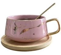 Eplze YBK Tech Ensemble tasse à thé en porcelaine pour thé de l'après-midi - Motif marbre (rose, court 300 ml + soucoupe en bois)